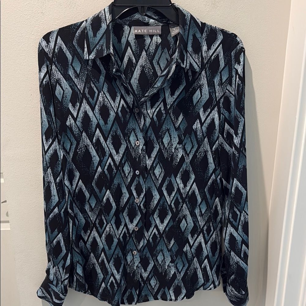Kate Hill Black and Blue Diamond Pattern Silk Blouse size 6
